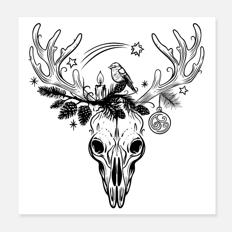 Crâne de cerf avec oiseau pour Noël Poster 20 x 20 cm