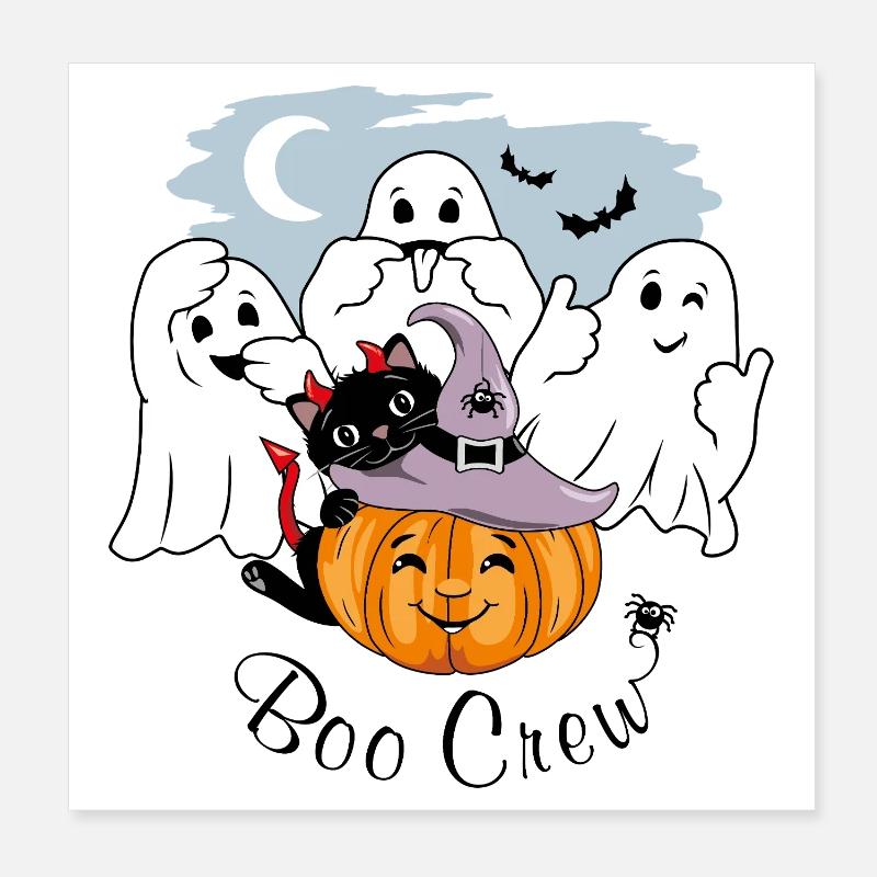 Three funny ghosts, black cat and smiling pumpkin Poster 8" x 8" (20x20 cm)