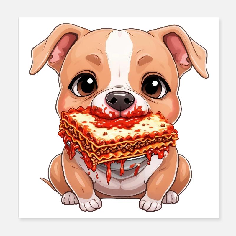 Mignon pitbull mangeant des lasagnes dessin animé Poster 20 x 20 cm