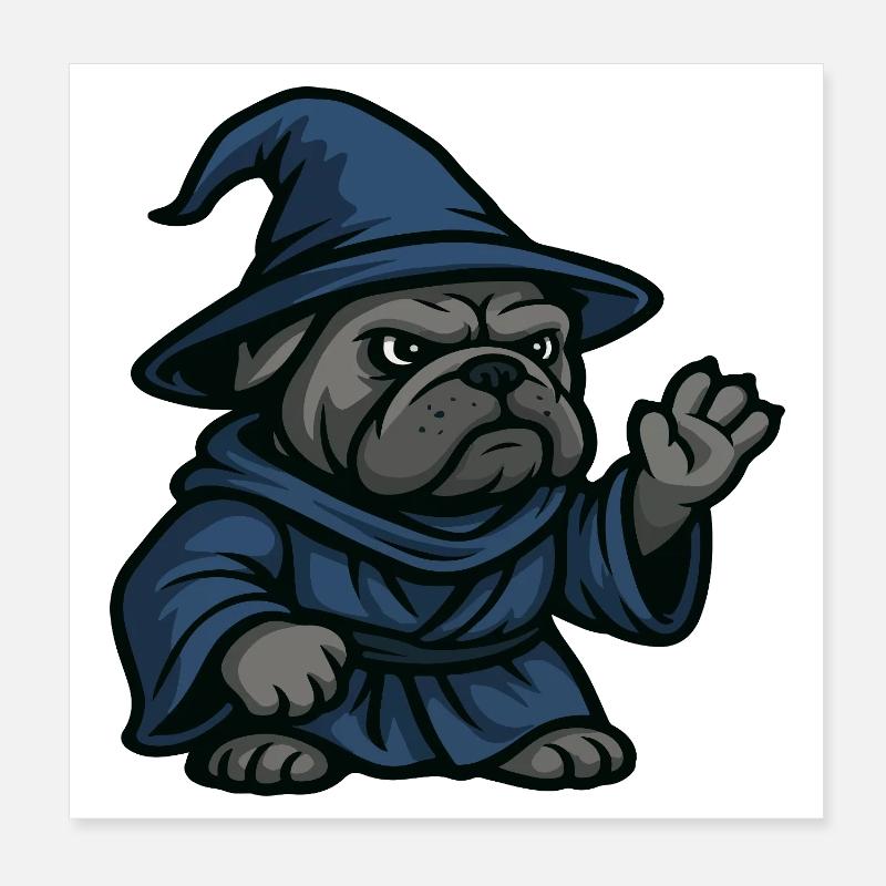 Sorcier bouledogue lançant un sort dans l’art de la robe bleue Poster 20 x 20 cm