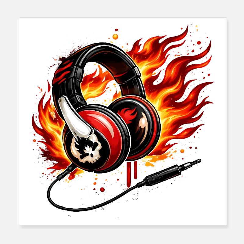 Flame Headphone Skull Design Poster 8" x 8" (20x20 cm)