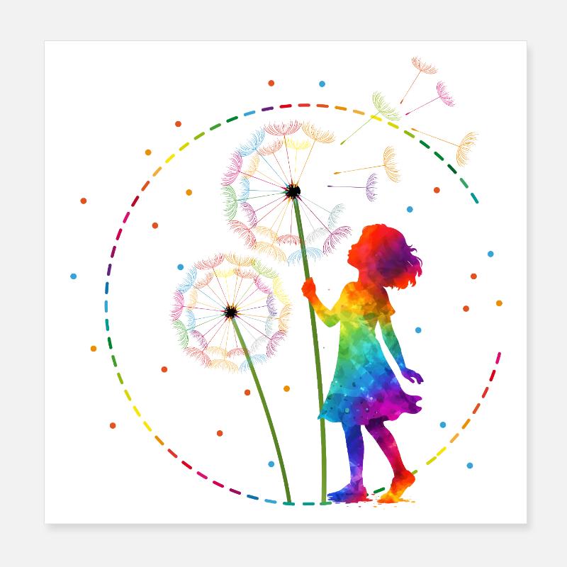 Regenbogen Mädchen mit Pusteblume Poster 20x20 cm