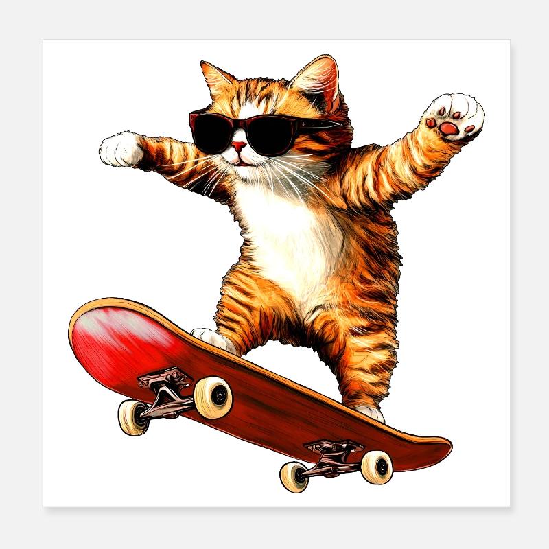 Cat Skateboard Poster 8" x 8" (20x20 cm)