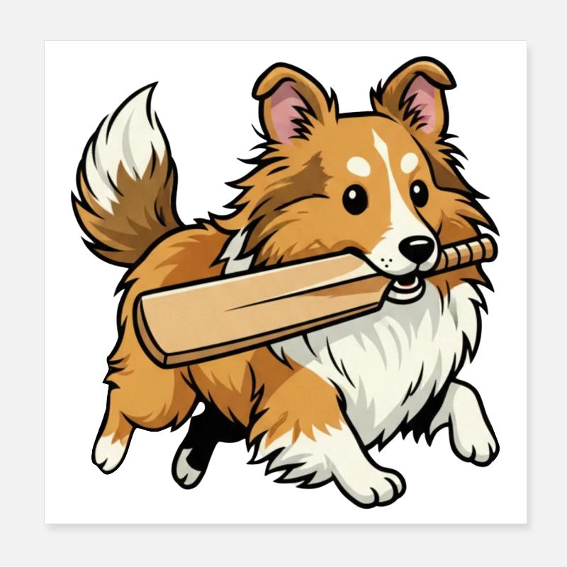 Chien de berger des Shetland avec une batte de cricket Poster 20 x 20 cm