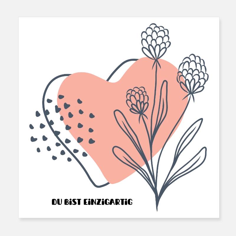 Herzblume Linienkunst du bist einzigartig Poster 20x20 cm