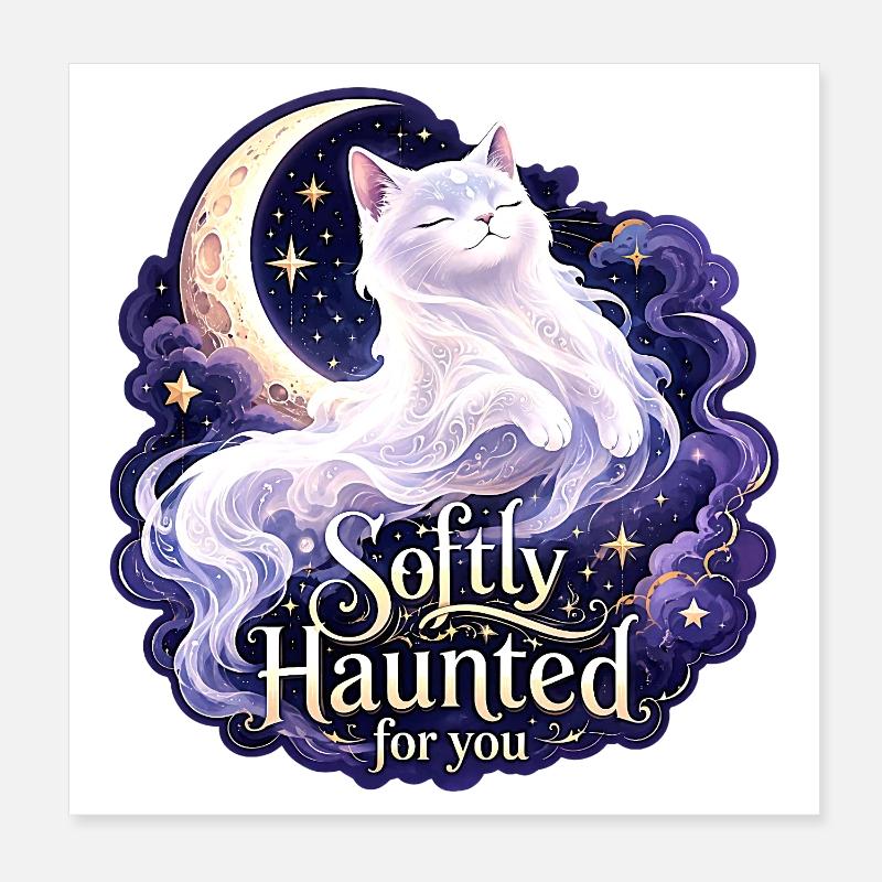 Doucement hanté White Moon Cat Gothic Celestial Poster 20 x 20 cm