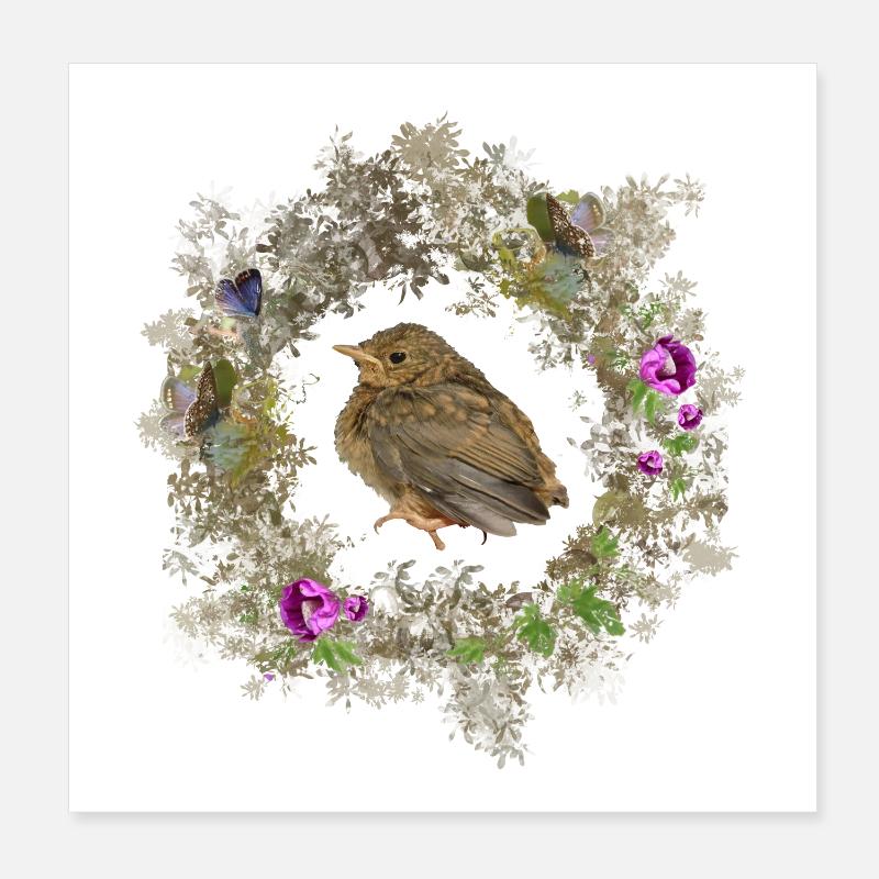 Rotkehlchen mit zarten Blüten und Bläulingen Poster 20x20 cm