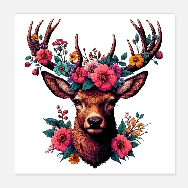 Deer with Flowers Poster 8" x 8" (20x20 cm)