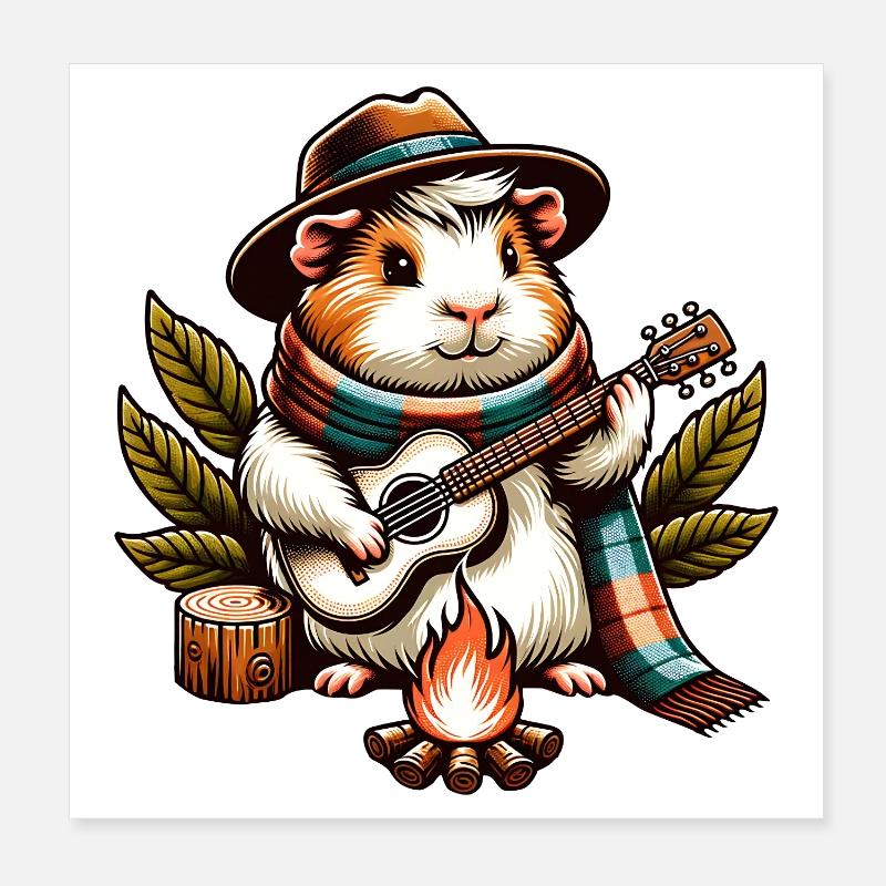 Cochon d’Inde avec guitare au camping autour d’un feu de camp Poster 20 x 20 cm