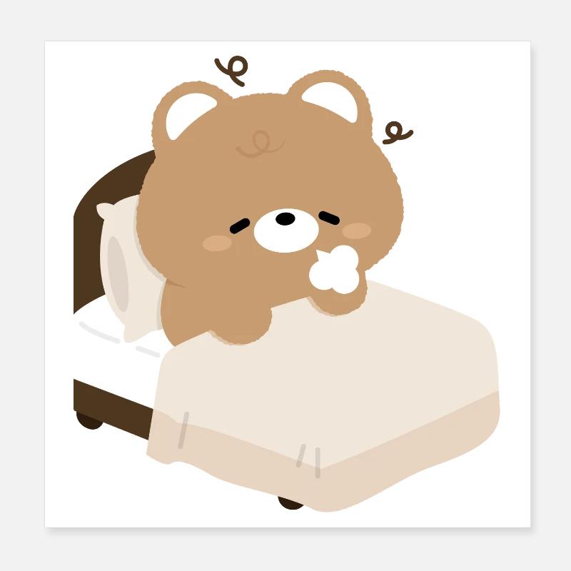 Sleepy Bear on Bed Poster 8" x 8" (20x20 cm)