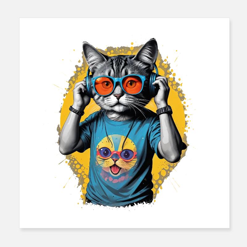 Neon Cat DJ Vibe Tee Poster 20 x 20 cm