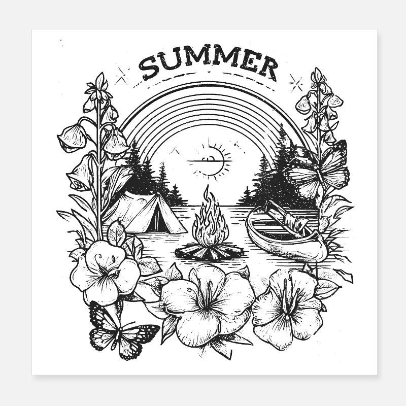 SUMMER - Camping motif with campfire and canoe Poster 8" x 8" (20x20 cm)