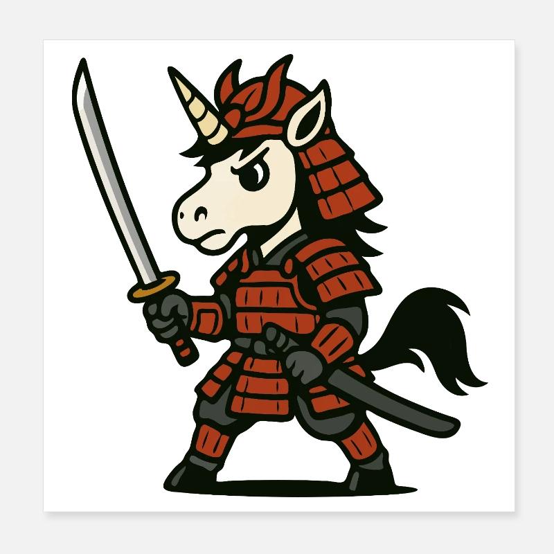 Samurai-Einhornkrieger mit roter Rüstung und Klinge Poster 20x20 cm
