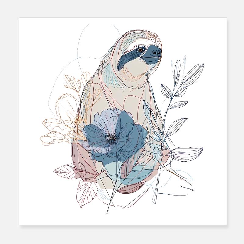 Lineart Faultier mit blauer Blüte – Boho Stil Poster 20x20 cm