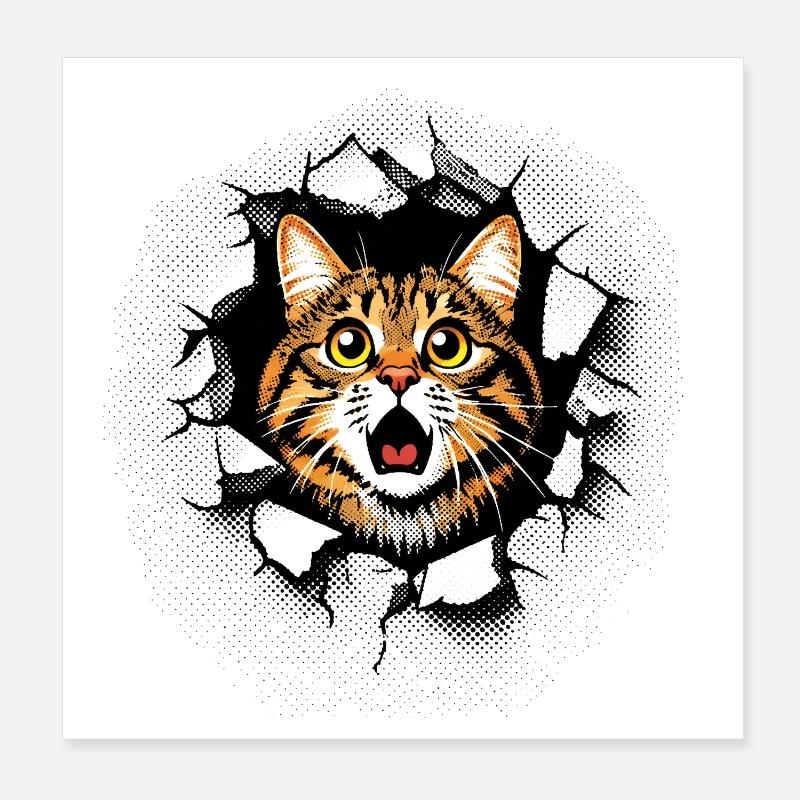 Cat Head Wall Hole Cracks Breakthrough Poster 8" x 8" (20x20 cm)