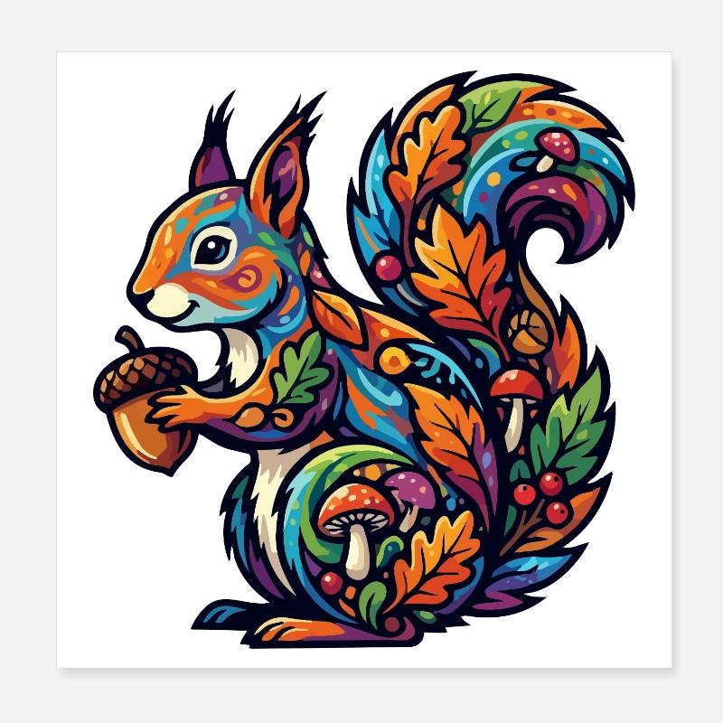 Buntes Eichhörnchen Herbstzauber Nuss Waldbewohner Poster 20x20 cm