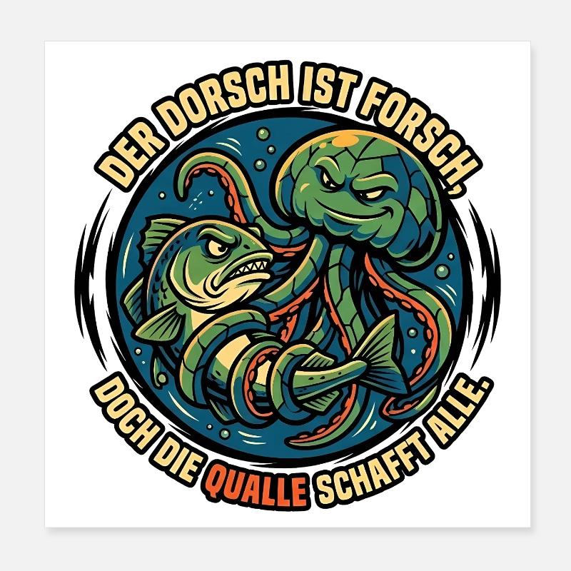 Cod and jellyfish underwater duel Poster 8" x 8" (20x20 cm)