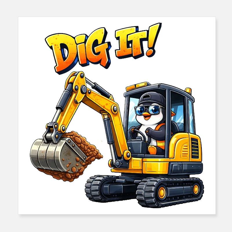 Süßer Pinguin Cartoon Baggerfahrer Baugeräteführer Poster 20x20 cm