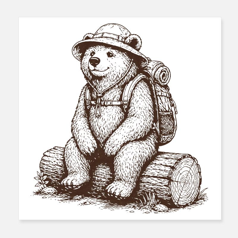 Cooler Bär mit Rucksack Wander Motiv Poster 20x20 cm