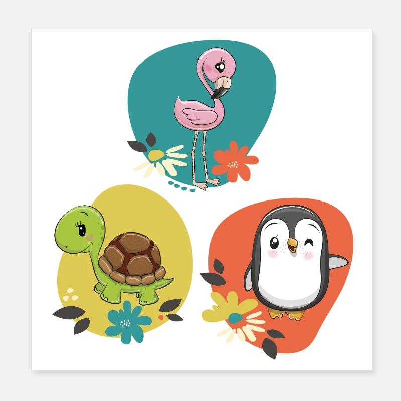 Flamingo Schildkröte Pinguin  Poster 20x20 cm