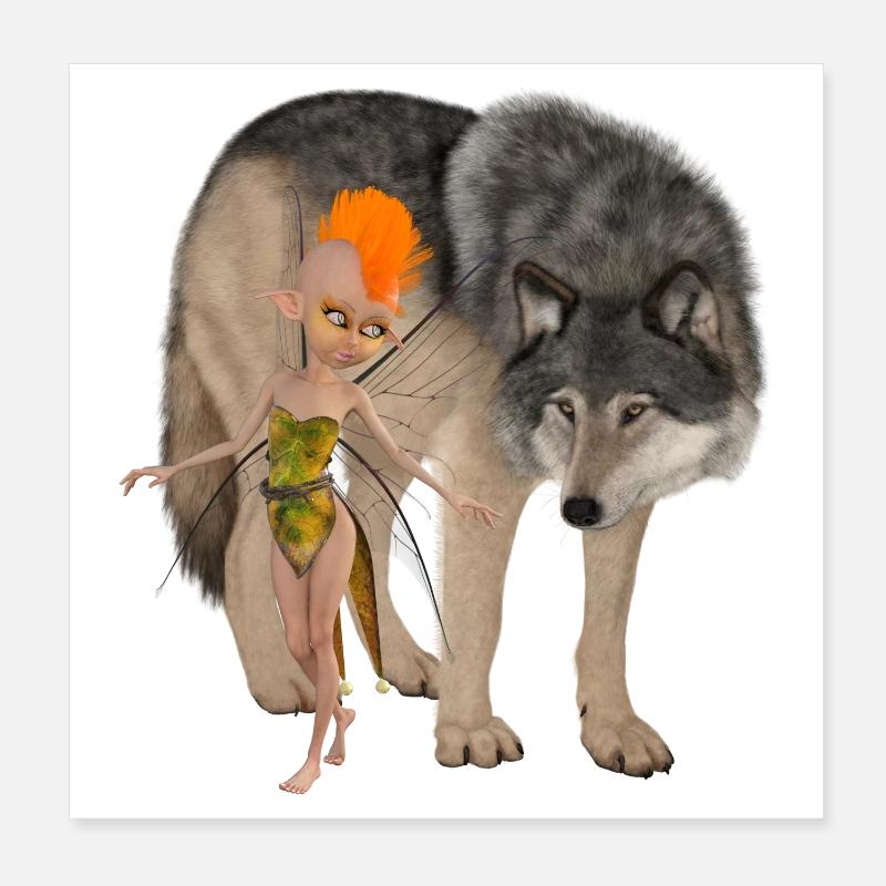Zwei ungleiche Freunde: die Fee und der Wolf; Poster 20x20 cm
