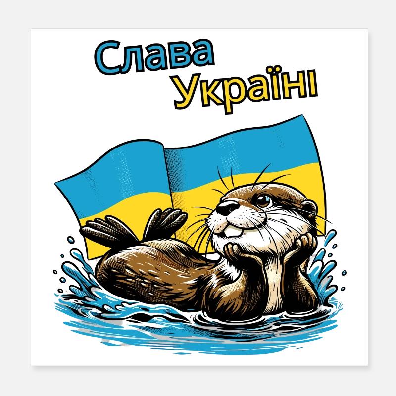 Slava Ukraini, loutre heureuse avec le drapeau de l’Ukraine Poster 20 x 20 cm