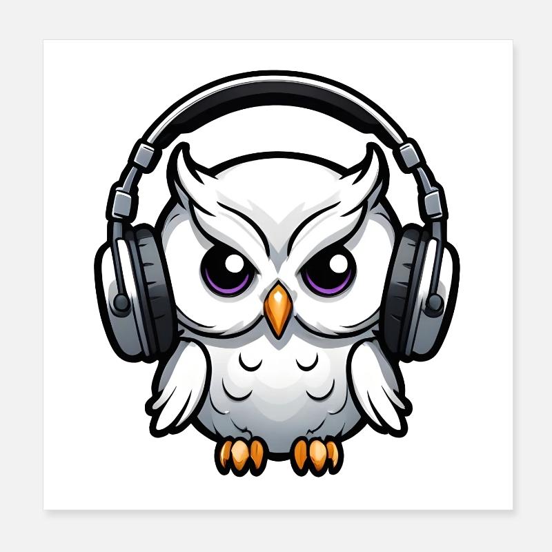 weiße Eule mit Kopfhörern Poster 20x20 cm