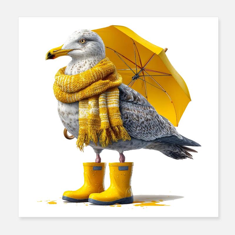 Seemöwe mit Gelbem Regenschirm und Boots Poster 20x20 cm