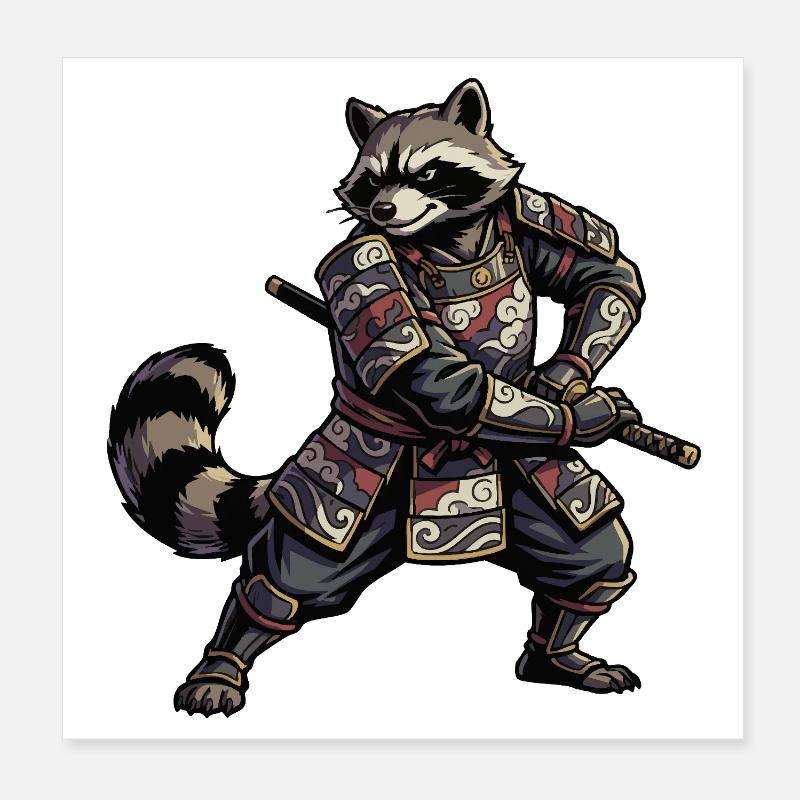 Waschbär Samurai mit Katana Poster 20x20 cm