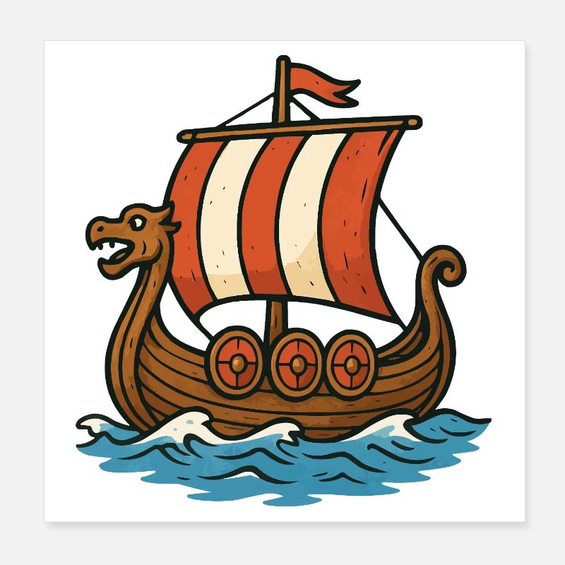 Wikingerboot mit rotem Segel Poster 20x20 cm