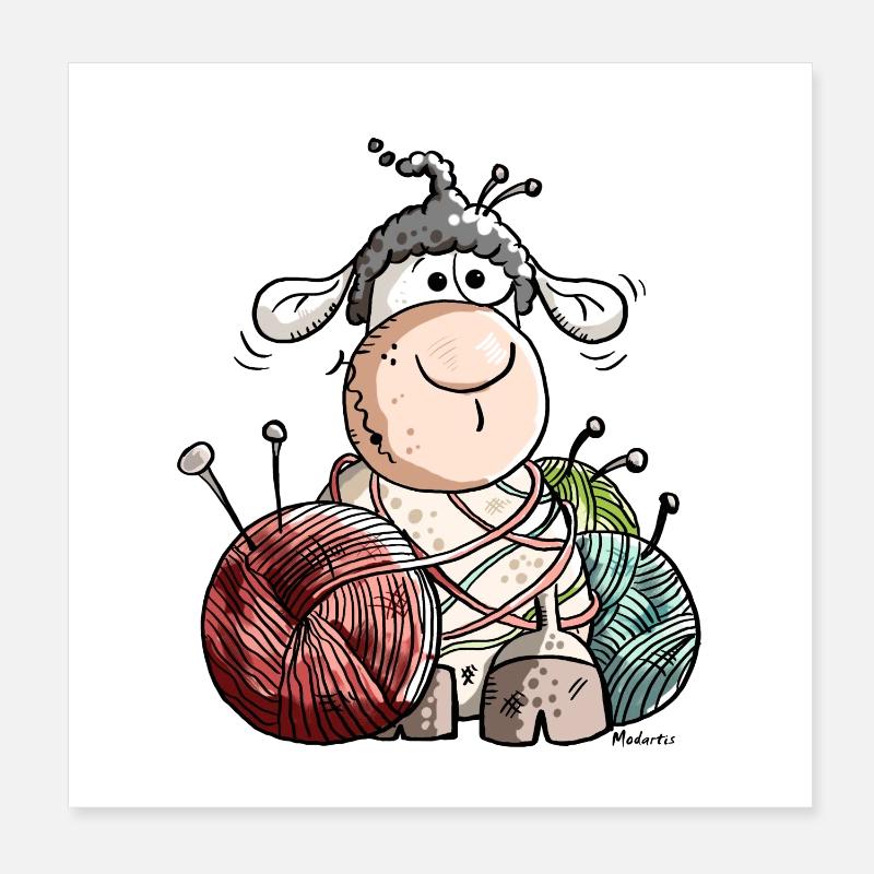 Funny Sheep With Wool Ball Poster 8" x 8" (20x20 cm)