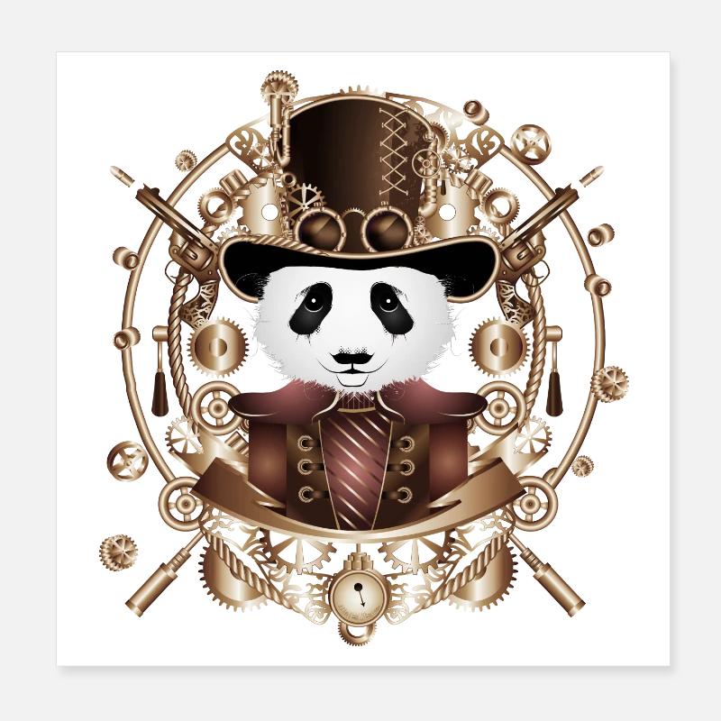 Steampunk Panda with cylinder hat in sepia frame Poster 8" x 8" (20x20 cm)
