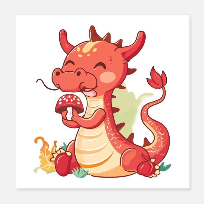 Petit dragon chinois mangeant un champignon Poster 20 x 20 cm
