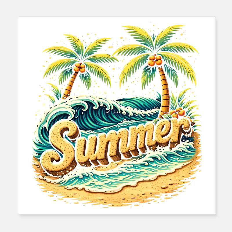 Palm Trees Beach Waves Illustration Poster 8" x 8" (20x20 cm)