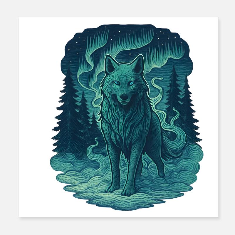 Nordlicht-Wolf im Wald Poster 20x20 cm