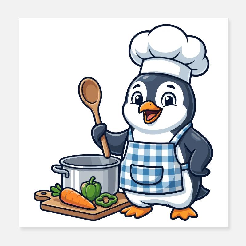 Penguin Chef Vegetable Cooking Poster 8" x 8" (20x20 cm)