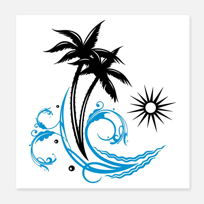 Palmiers avec vagues et soleil, vacances, surf. Poster 20 x 20 cm