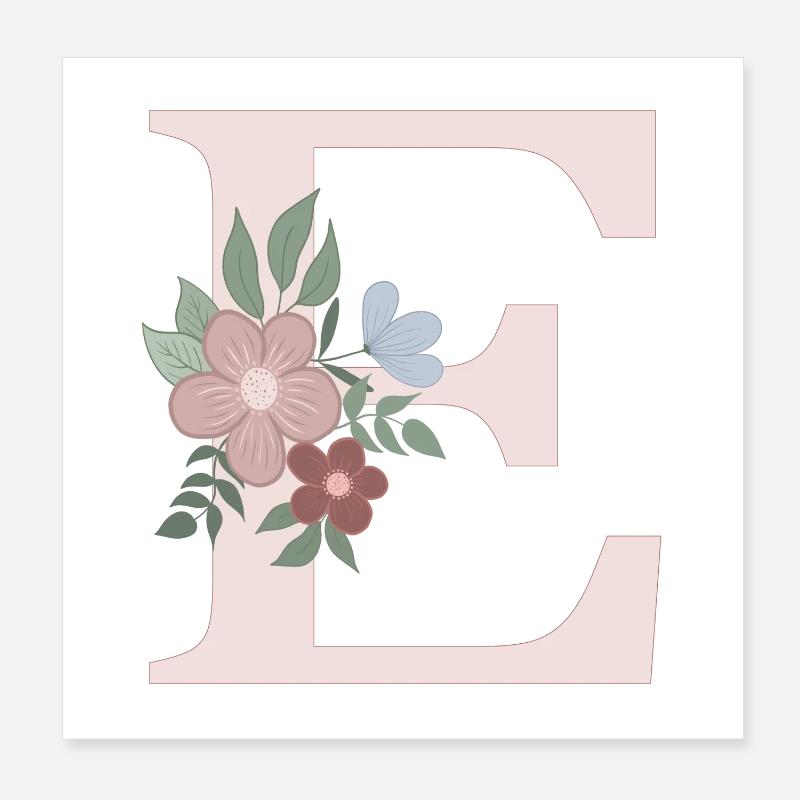 Lettre E avec fleur rose Poster 20 x 20 cm