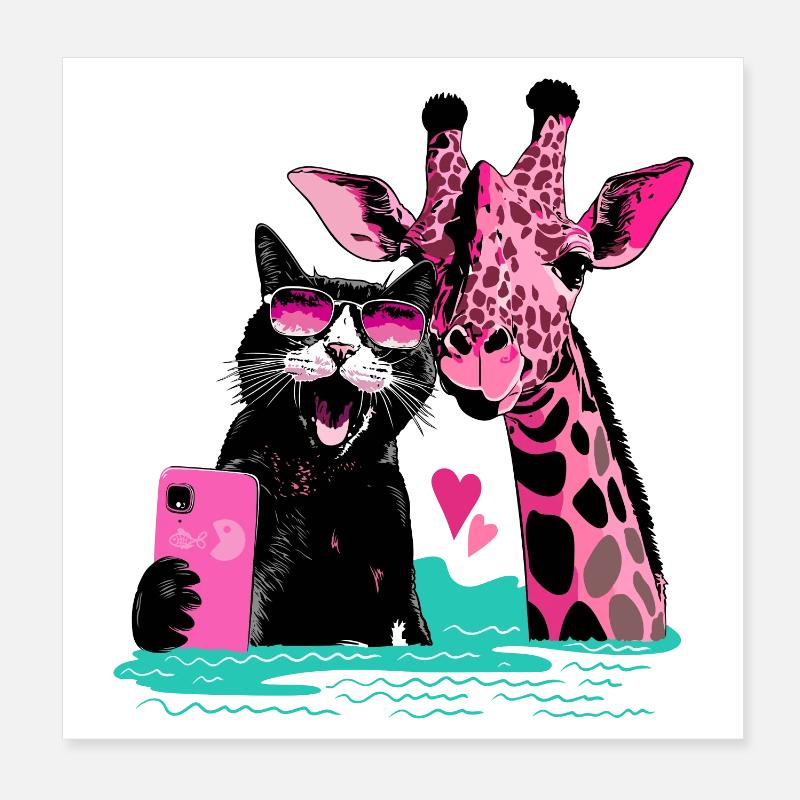 Good-Vibes Selfie with Cat and Giraffe Poster 8" x 8" (20x20 cm)