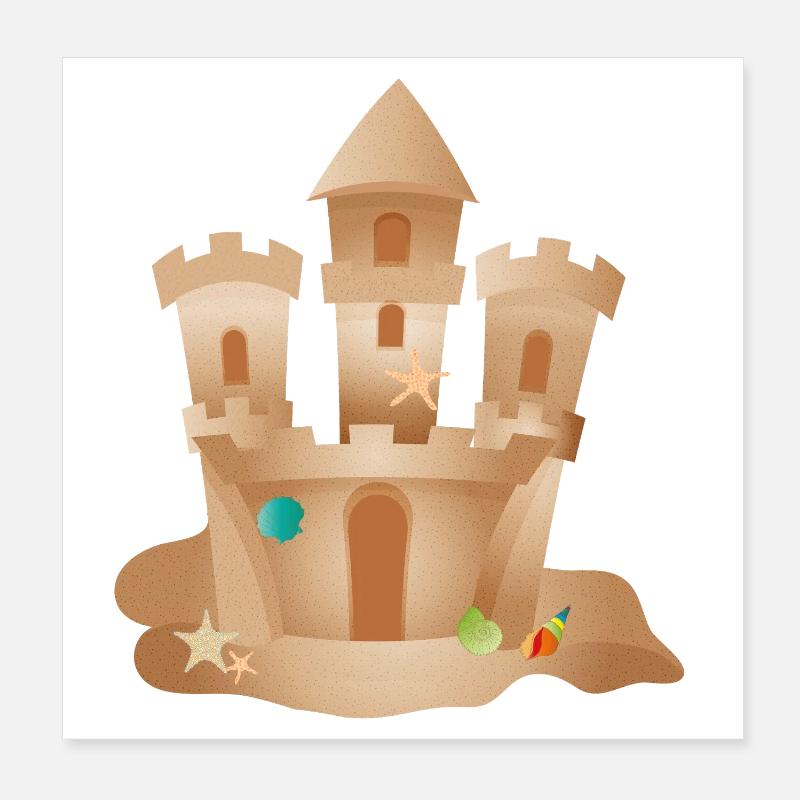 Sand castle with shells and starfish on the beach Poster 8" x 8" (20x20 cm)