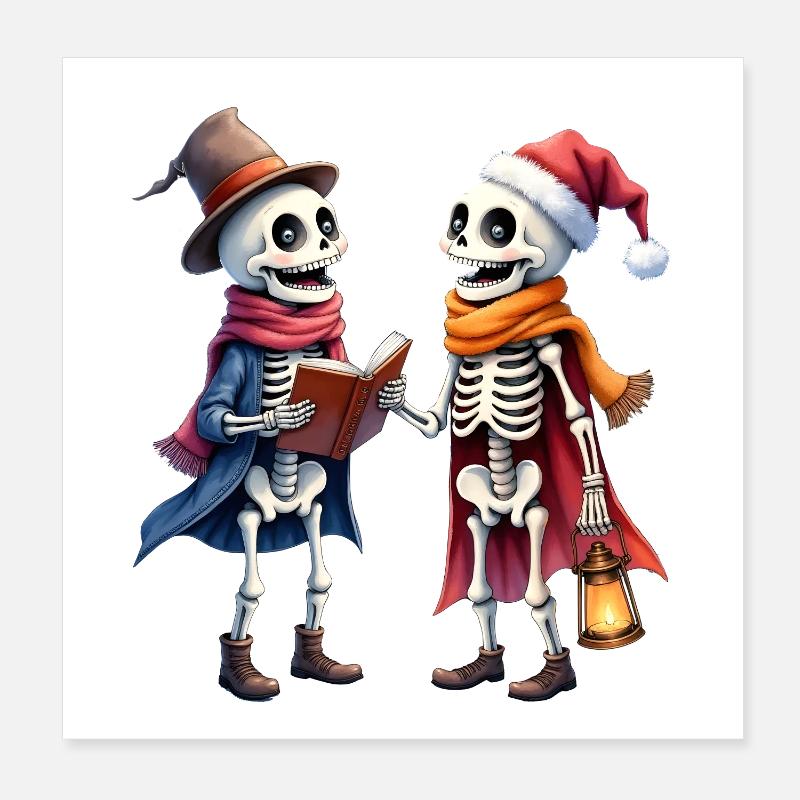 Christmas Skeletons with Hat and Book Poster 8" x 8" (20x20 cm)