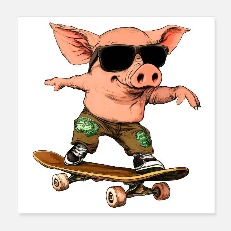 Skateboarder Piglet Poster 8" x 8" (20x20 cm)