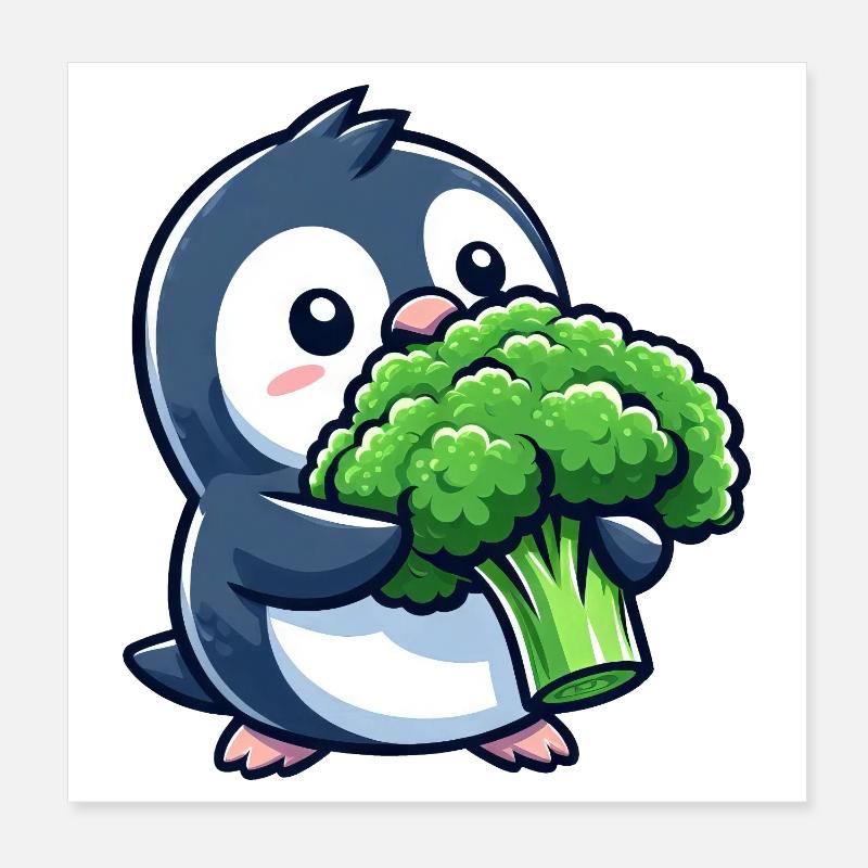Funny Penguin with Broccoli Vegetables Vegan Comic Poster 8" x 8" (20x20 cm)
