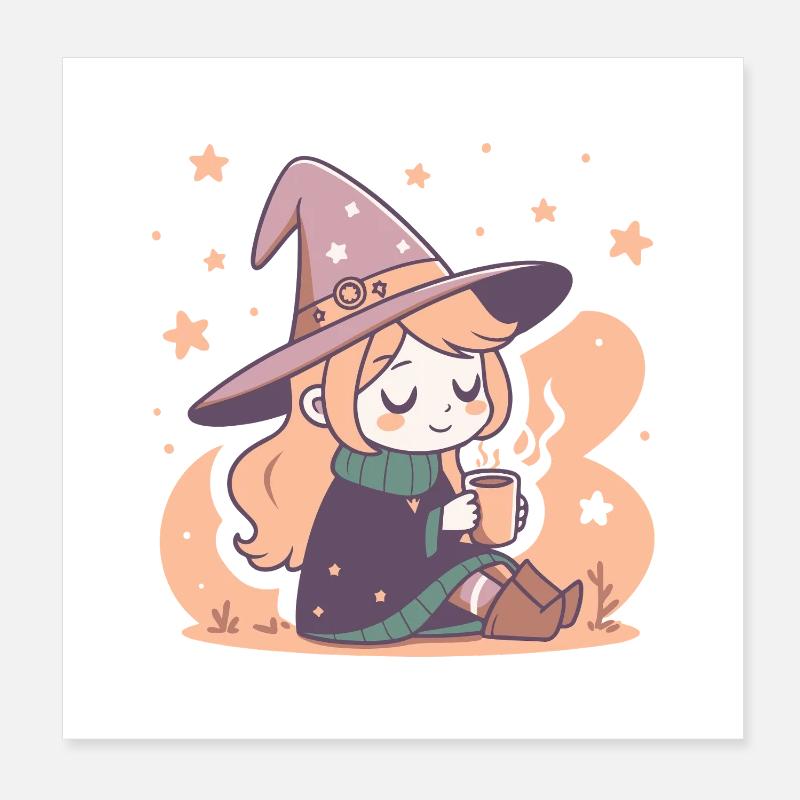Cute Witch Cozy and Kawaii Tea Poster 8" x 8" (20x20 cm)