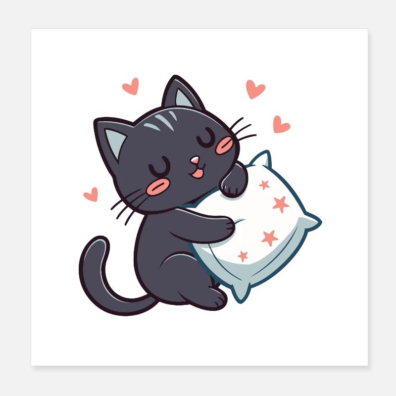 Chat noir câlin étoilé avec oreiller Poster 20 x 20 cm