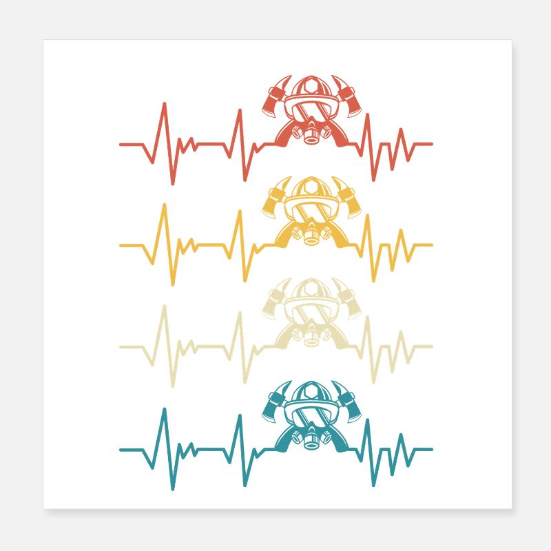 Retro Firefighter Heartbeat Firefighter Poster 8" x 8" (20x20 cm)