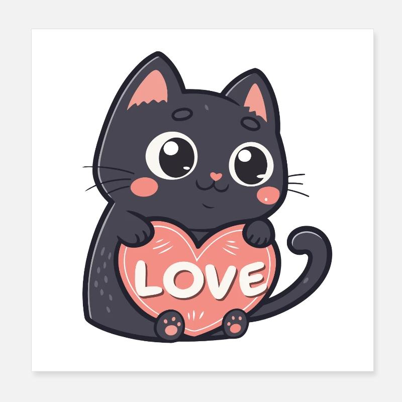 Black Cat Cuddle Heart Love Poster 8" x 8" (20x20 cm)