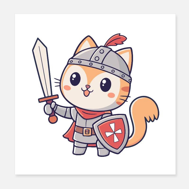 Chat Chevalier Épée et Bouclier Poster 20 x 20 cm