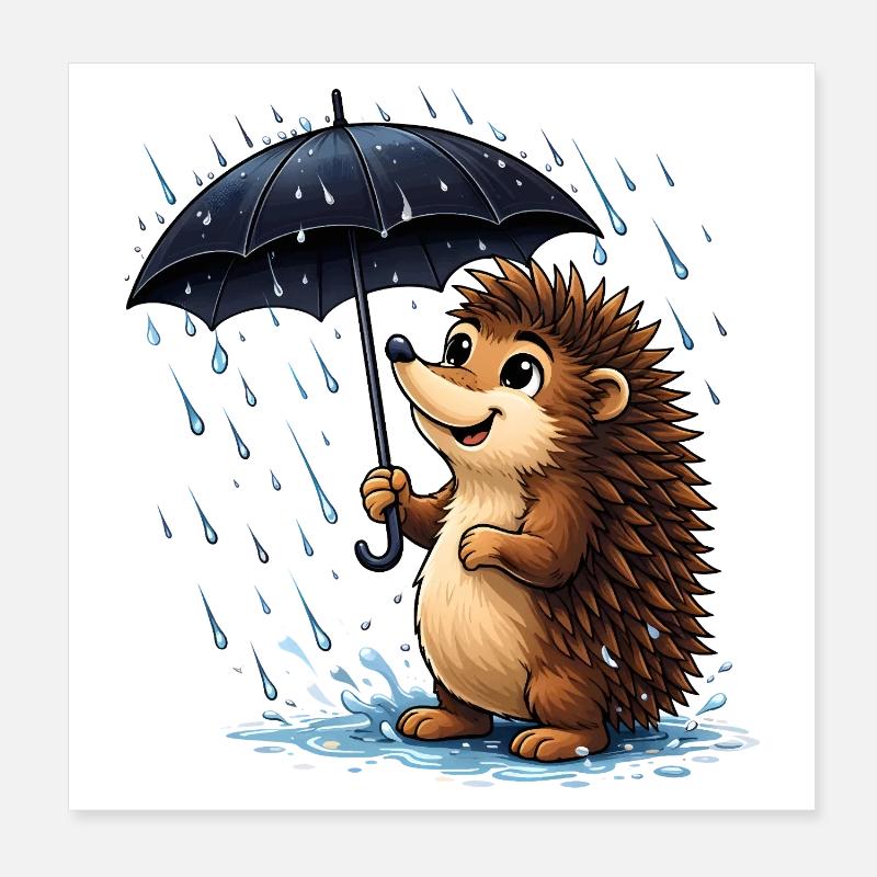 Fröhlicher Igel mit Regenschirm im Regen Poster 20x20 cm