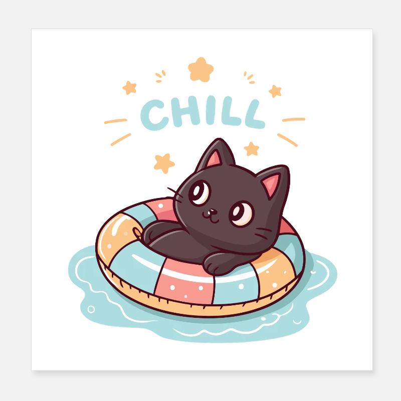 Chat noir en bouée pastel CHILL Poster 20 x 20 cm